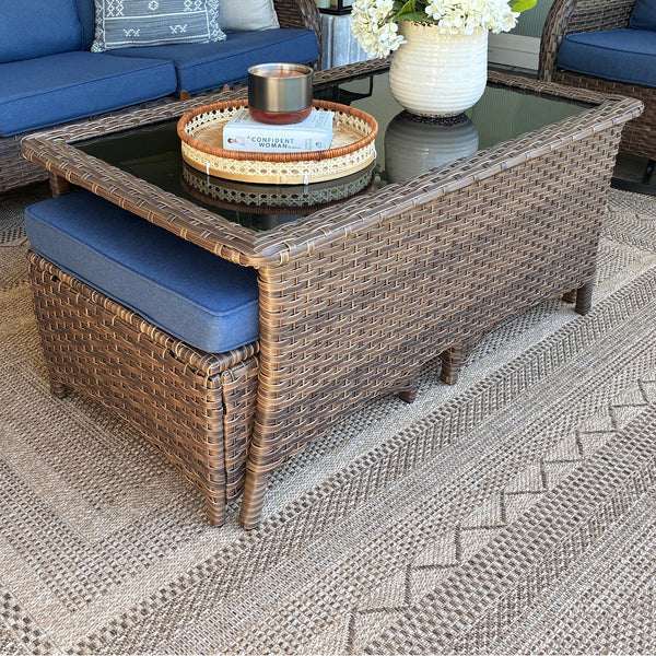 Patio Vintage Swivel Wicker Sofa Set with Rattan Coffee Table