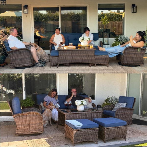 Patio Vintage Swivel Wicker Sofa Set with Rattan Coffee Table