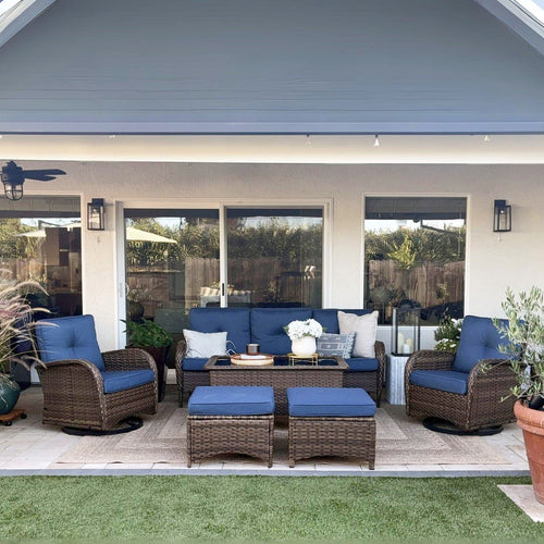 Patio Vintage Swivel Wicker Sofa Set with Rattan Coffee Table