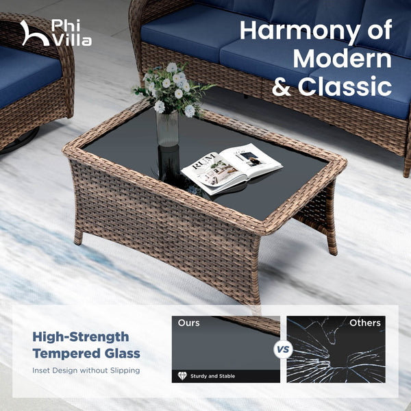 Patio Vintage Swivel Wicker Sofa Set with Rattan Coffee Table