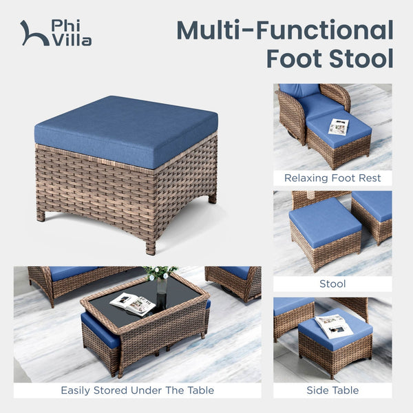 Patio Vintage Swivel Wicker Sofa Set with Rattan Coffee Table