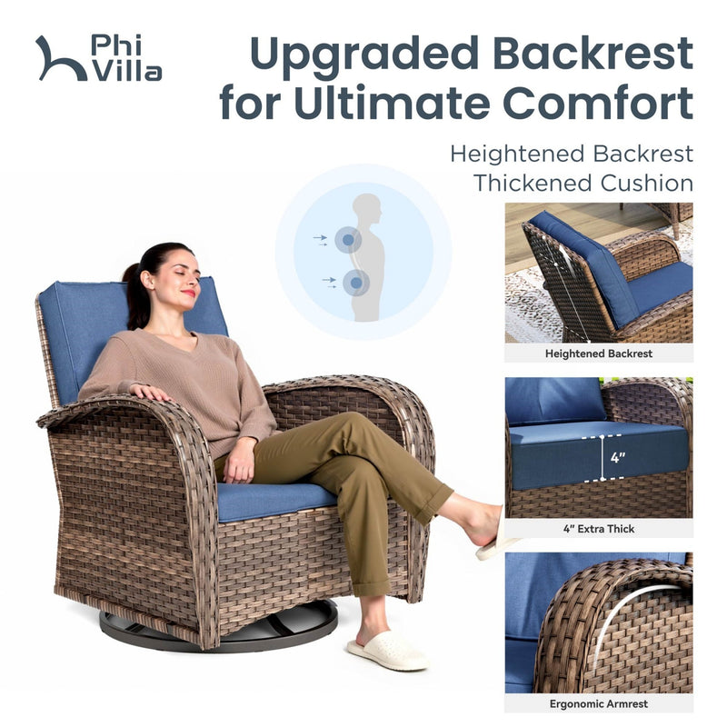 Phi Villa Patio Vintage Swivel Wicker Conversation Sofa Set