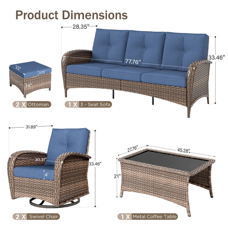Phi Villa Patio Vintage Swivel Wicker Conversation Sofa Set