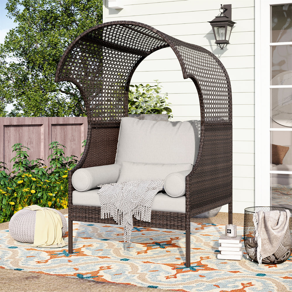 PHI VILLA Rattan Outdoor Furniture Wicker Single Sofa with Top Canopy