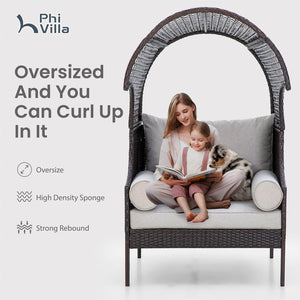 PHI VILLA Rattan Outdoor Furniture Wicker Single Sofa with Top Canopy