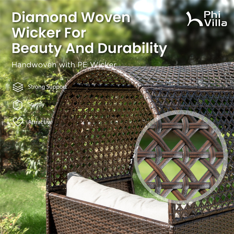 PHI VILLA Rattan Outdoor Furniture Wicker Single Sofa with Top Canopy