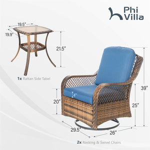 $499 PHI VILLA 3 PC Rattan Swivel Rocking Chairs Outdoor Conversation Set