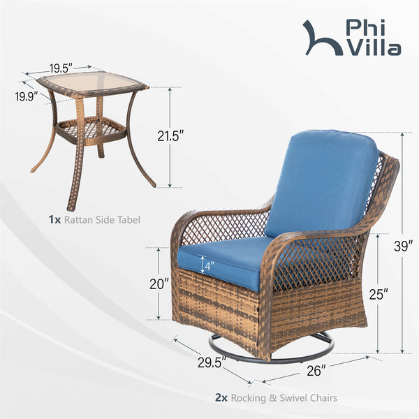 $499 PHI VILLA 3 PC Rattan Swivel Rocking Chairs Outdoor Conversation Set