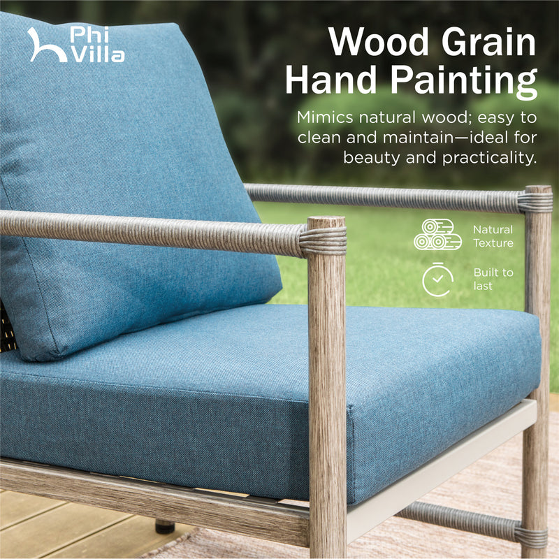 Phi Villa Vintage Outdoor Wicker and Mimics Wood Sofa Set with Coffee Table