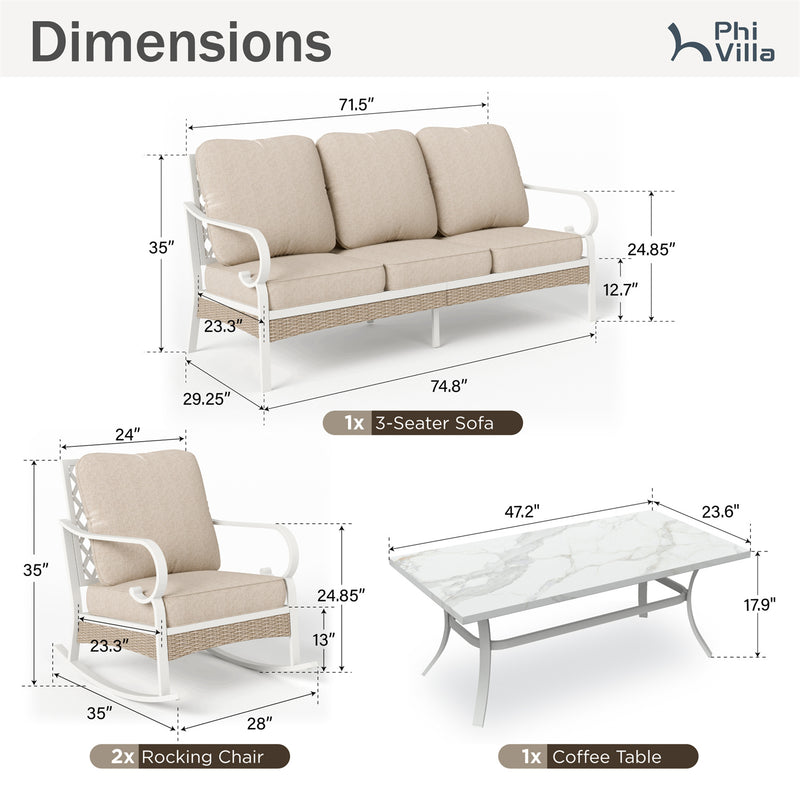 Phi Villa 5-Seater Outdoor Steel & Rattan Fresh Color Sofa Set With Coffee Table