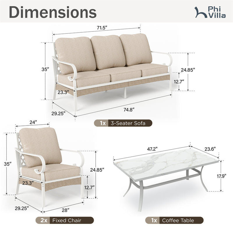 Phi Villa 5-Seater Outdoor Steel & Rattan Fresh Color Sofa Set With Coffee Table