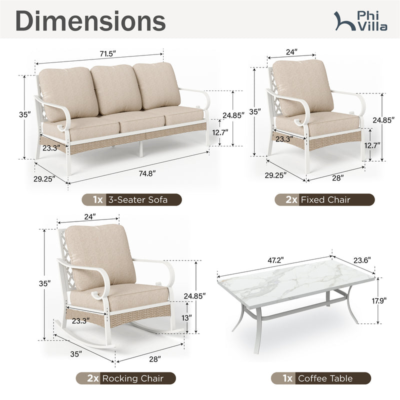 Phi Villa 7-Seater Outdoor Steel & Rattan Fresh Color Sofa Set With Coffee Table