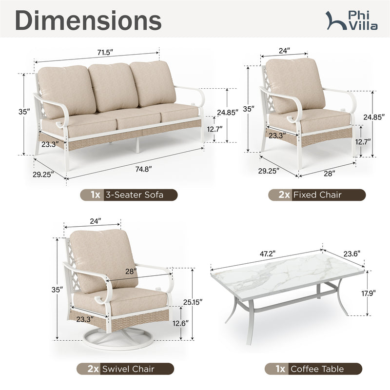 Phi Villa 7-Seater Outdoor Steel & Rattan Fresh Color Sofa Set With Coffee Table