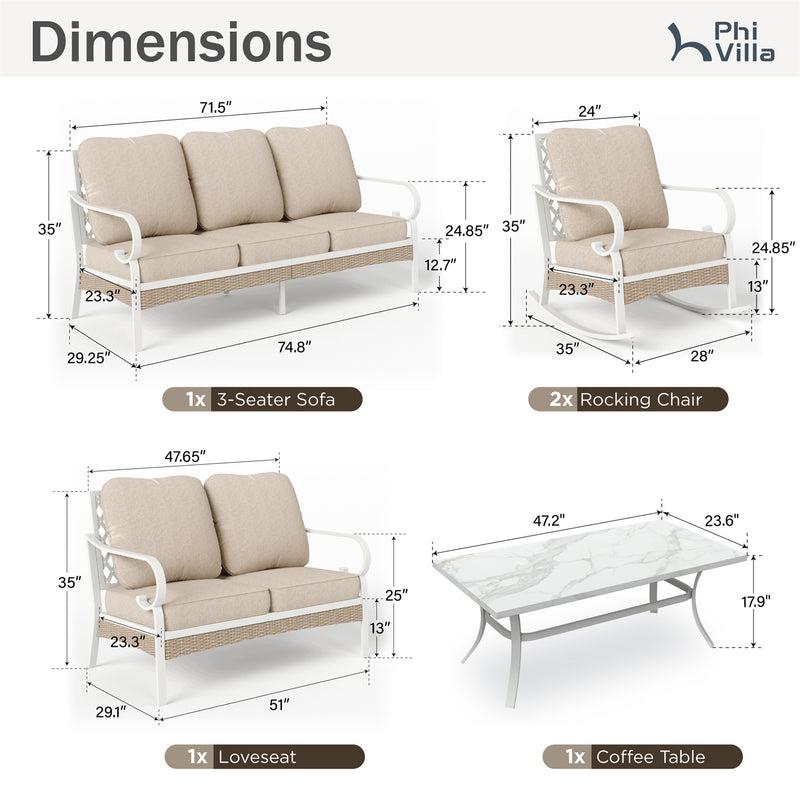 Phi Villa 7-Seater Patio Steel & Rattan Fresh Color Sofa With Coffee Table
