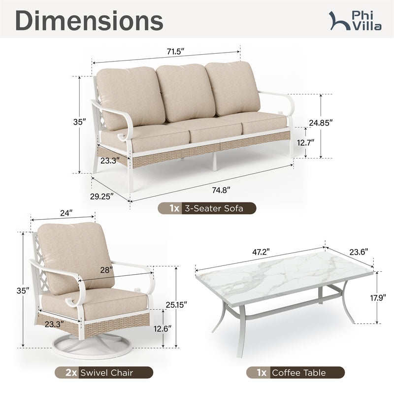 Phi Villa 5-Seater Outdoor Steel & Rattan Fresh Color Sofa Set With Coffee Table