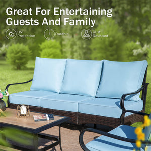 5-Seater Outdoor Metal and Rattan Cocoa Sofa Set wth Fire Pit Table