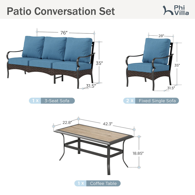 Phi Villa 5-Seater Outdoor Steel & Rattan Sofa Set With Coffee Table