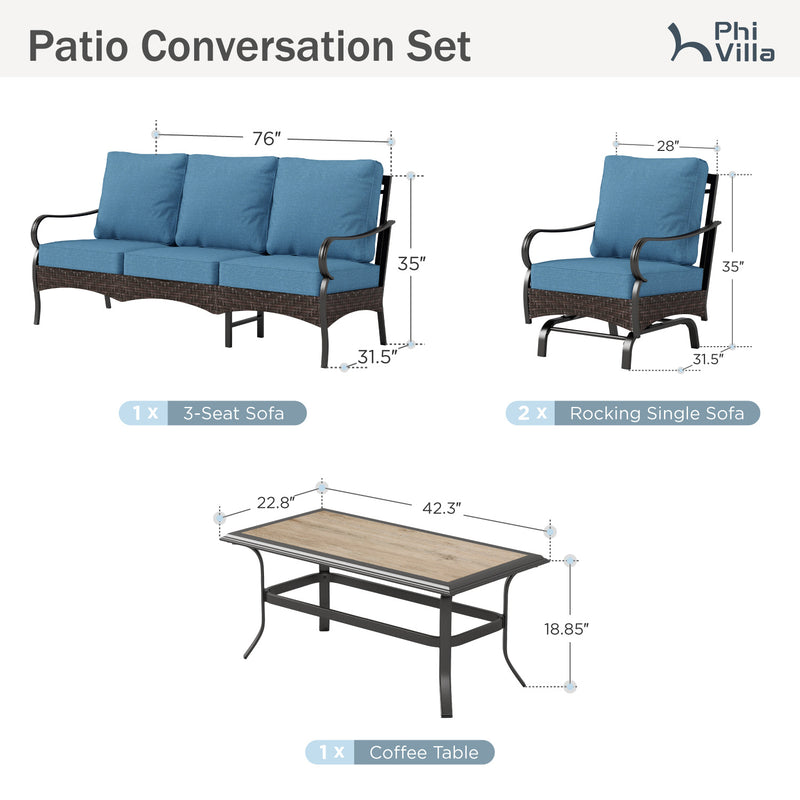 Phi Villa 5-Seater Outdoor Steel & Rattan Sofa Set With Coffee Table