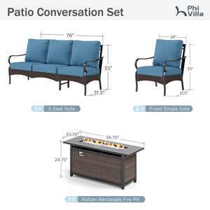 5-Seater Outdoor Metal and Rattan Cocoa Sofa Set wth Fire Pit Table