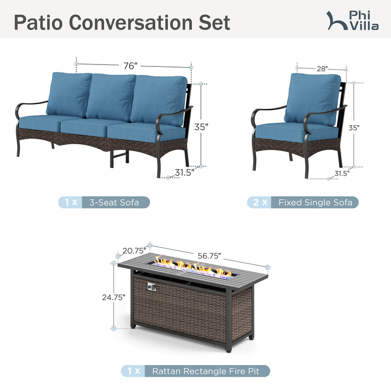 Phi Villa 5-Seater Outdoor Steel & Rattan Sofa Set With Rectangle Fire Pit Table