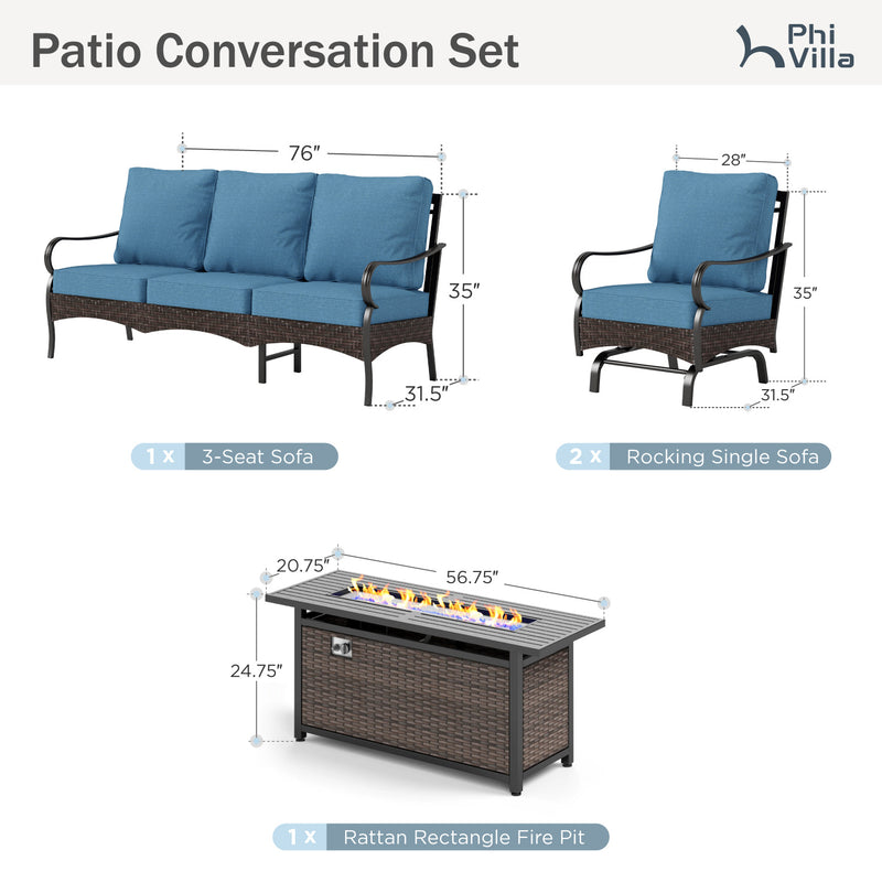Phi Villa 5-Seater Outdoor Steel & Rattan Sofa Set With Rectangle Fire Pit Table