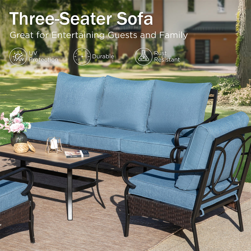 Phi Villa 5-Seater Outdoor Steel & Rattan Sofa Set With Coffee Table