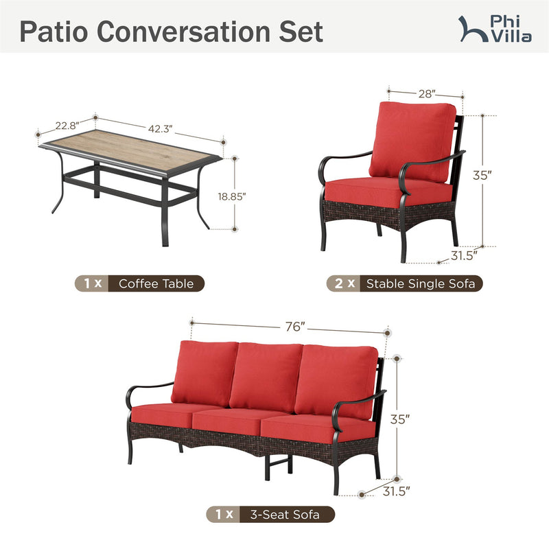 Phi Villa 5-Seater Outdoor Steel & Rattan Sofa Set With Coffee Table