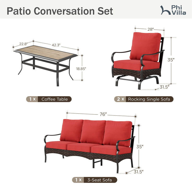 Phi Villa 5-Seater Outdoor Steel & Rattan Sofa Set With Coffee Table
