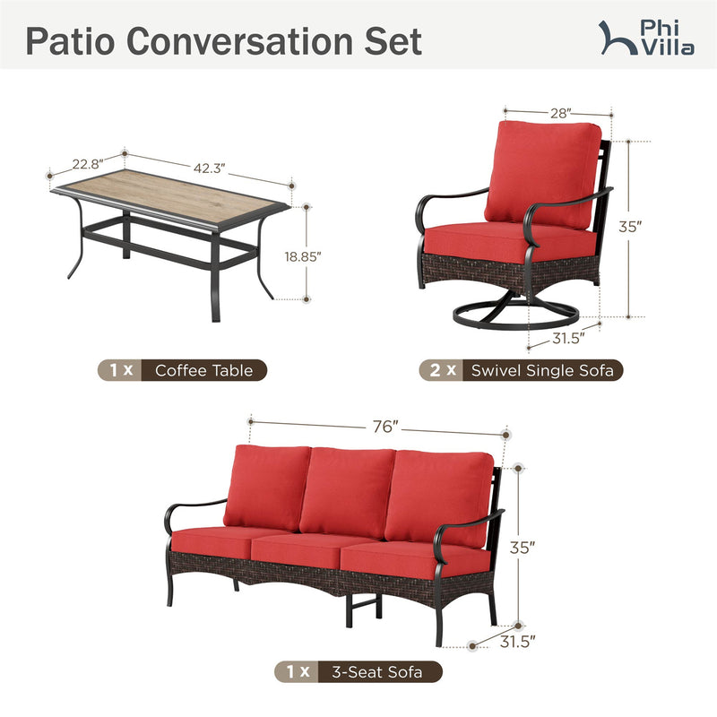 Phi Villa 5-Seater Outdoor Steel & Rattan Sofa Set With Coffee Table