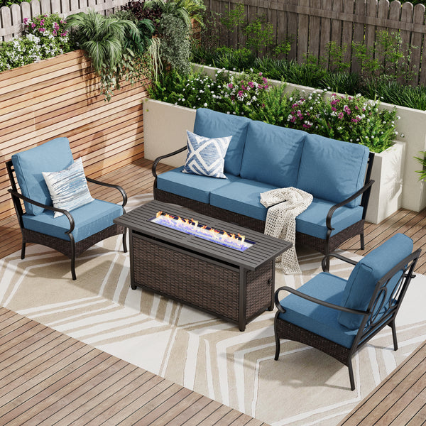 5-Seater Outdoor Metal and Rattan Cocoa Sofa Set wth Fire Pit Table