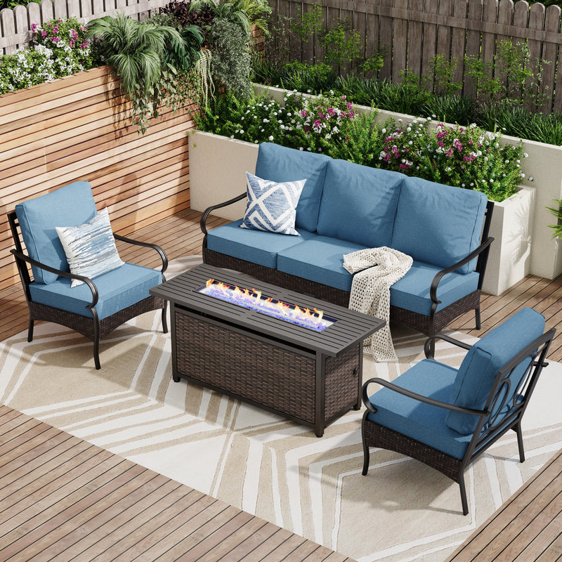 Phi Villa 5-Seater Outdoor Steel & Rattan Sofa Set With Rectangle Fire Pit Table