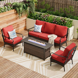 5-Seater Outdoor Metal and Rattan Cocoa Sofa Set wth Fire Pit Table