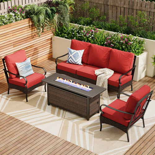 5-Seater Outdoor Metal and Rattan Cocoa Sofa Set wth Fire Pit Table