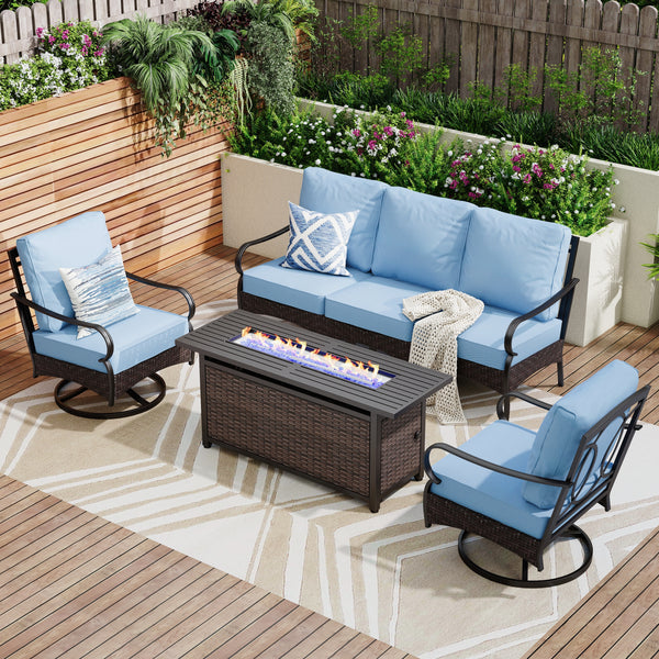5-Seater Outdoor Metal and Rattan Cocoa Sofa Set wth Fire Pit Table