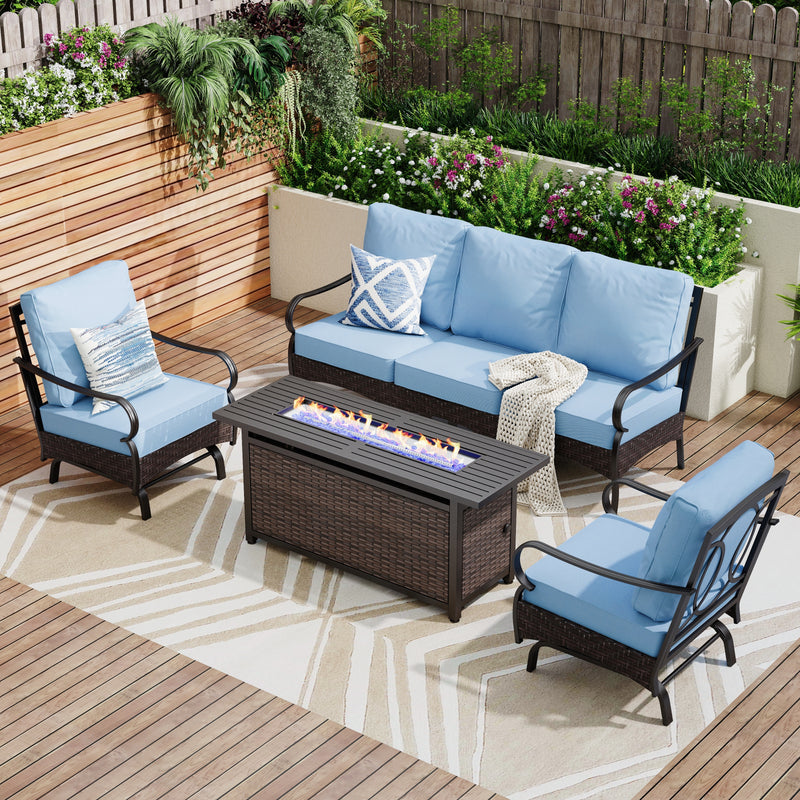 Phi Villa 5-Seater Outdoor Steel & Rattan Sofa Set With Rectangle Fire Pit Table