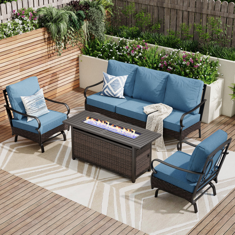 Phi Villa 5-Seater Outdoor Steel & Rattan Sofa Set With Rectangle Fire Pit Table