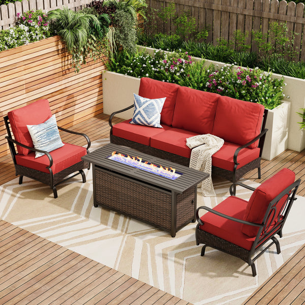 5-Seater Outdoor Metal and Rattan Cocoa Sofa Set wth Fire Pit Table