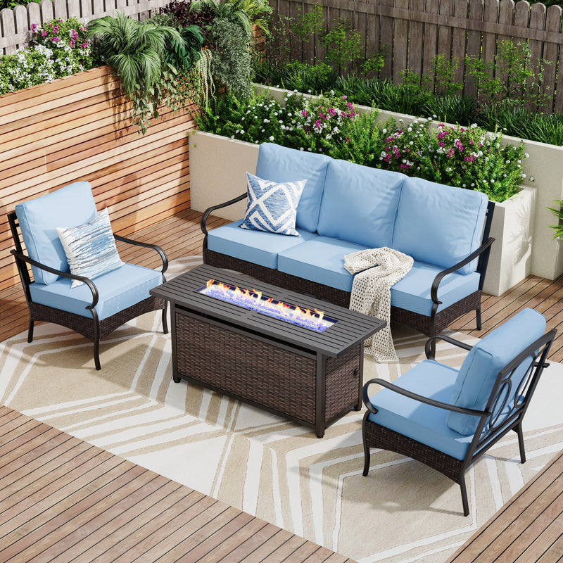Phi Villa 5-Seater Outdoor Steel & Rattan Sofa Set With Rectangle Fire Pit Table