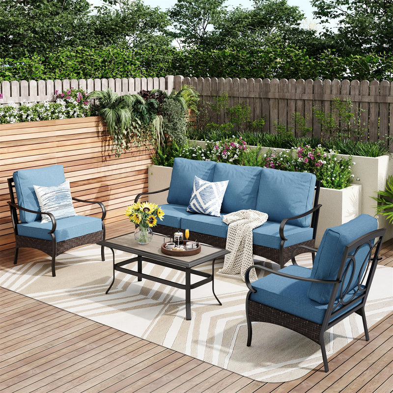 Phi Villa 5-Seater Outdoor Steel & Rattan Sofa Set With Coffee Table