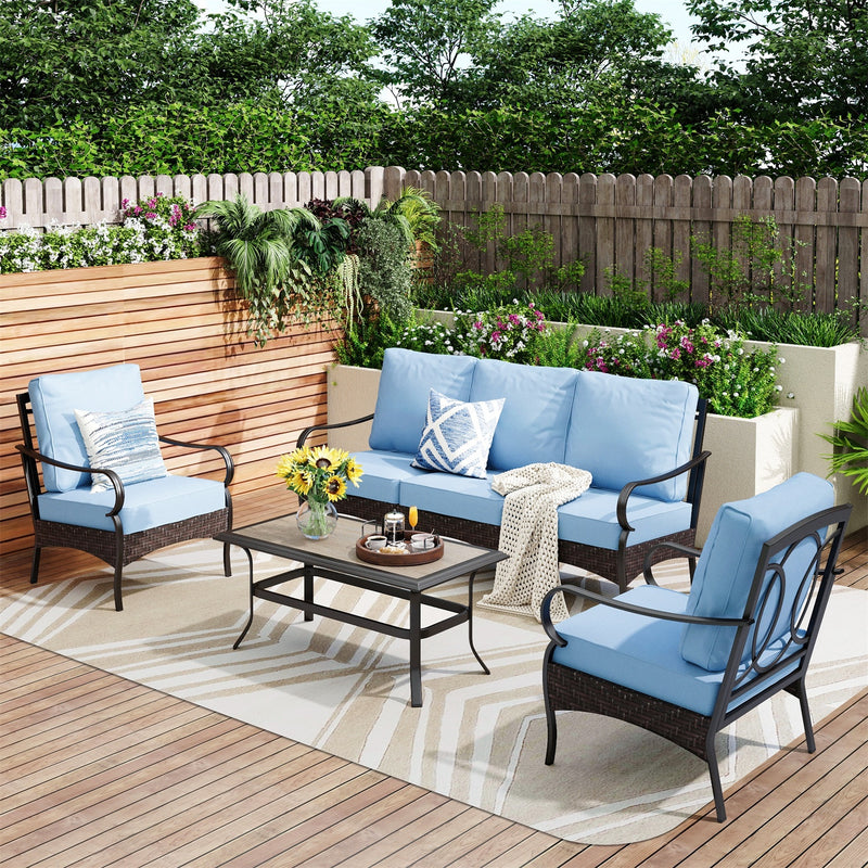 Phi Villa 5-Seater Outdoor Steel & Rattan Sofa Set With Coffee Table
