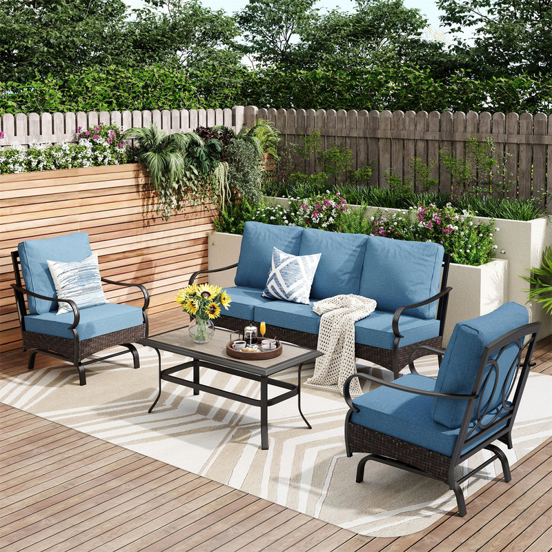 Phi Villa 5-Seater Outdoor Steel & Rattan Sofa Set With Coffee Table