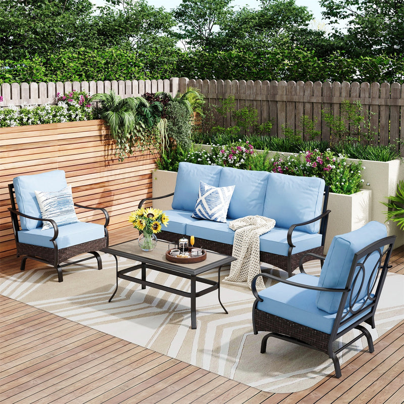Phi Villa 5-Seater Outdoor Steel & Rattan Sofa Set With Coffee Table