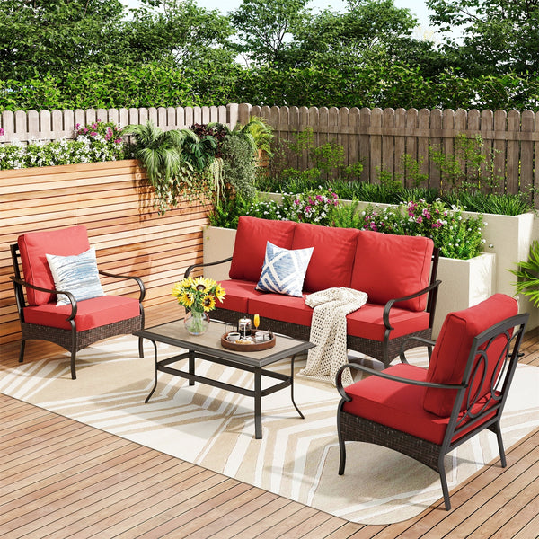 5-Seater Outdoor Metal and Rattan Cocoa Sofa Set with Coffee Table
