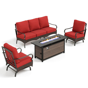 5-Seater Outdoor Metal and Rattan Cocoa Sofa Set wth Fire Pit Table