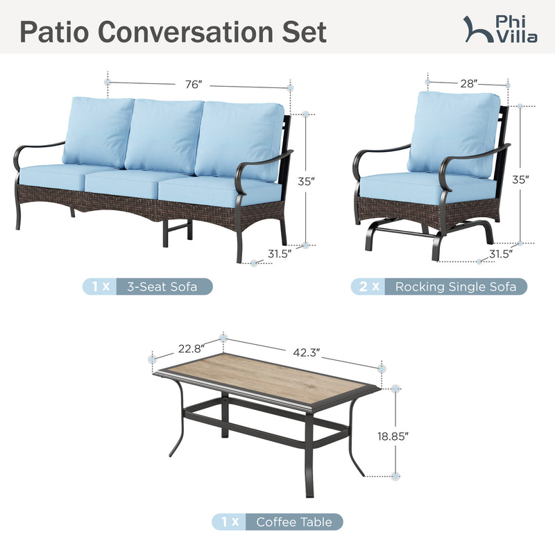 Phi Villa 5-Seater Outdoor Steel & Rattan Sofa Set With Coffee Table