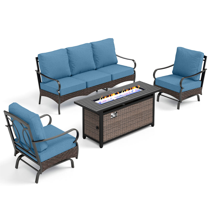 Phi Villa 5-Seater Outdoor Steel & Rattan Sofa Set With Rectangle Fire Pit Table