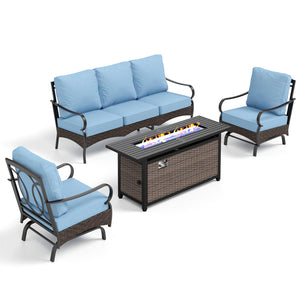 5-Seater Outdoor Metal and Rattan Cocoa Sofa Set wth Fire Pit Table
