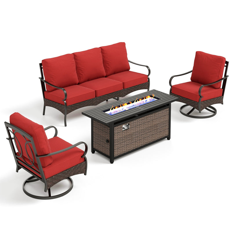 Phi Villa 5-Seater Outdoor Steel & Rattan Sofa Set With Rectangle Fire Pit Table
