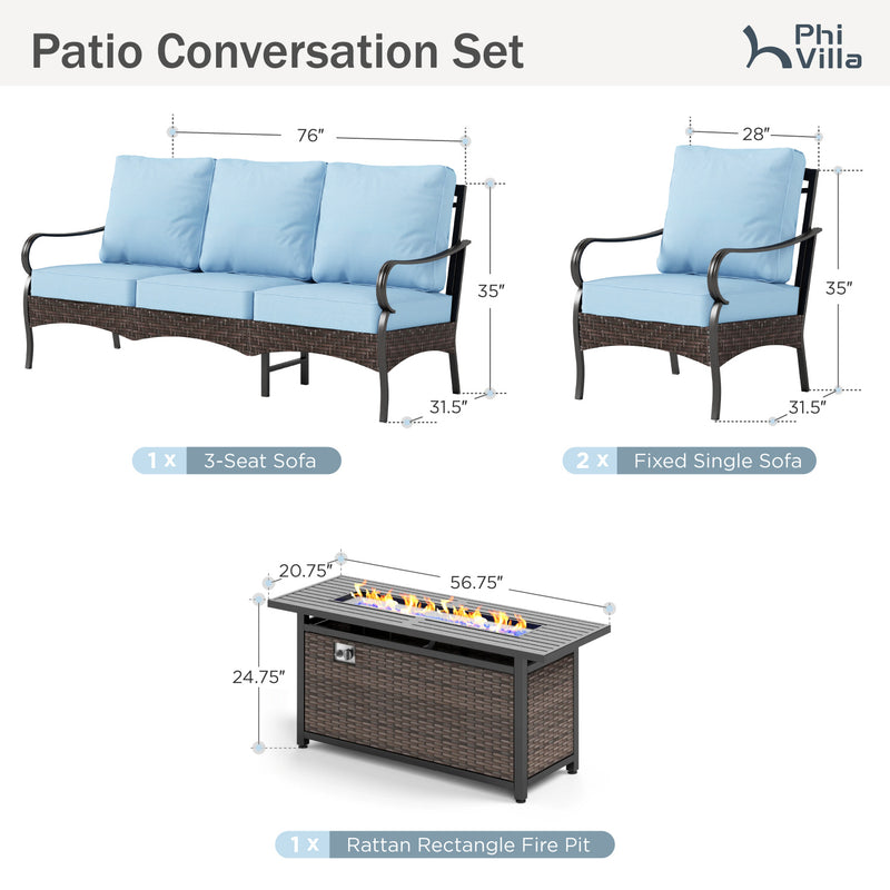 Phi Villa 5-Seater Outdoor Steel & Rattan Sofa Set With Rectangle Fire Pit Table