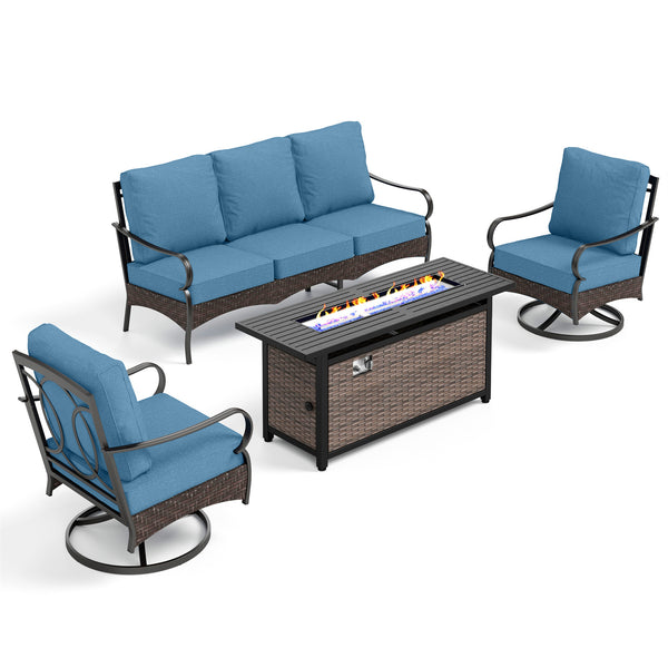 5-Seater Outdoor Metal and Rattan Cocoa Sofa Set wth Fire Pit Table